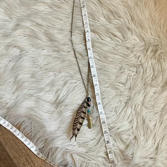 Feather and Bead Necklace - Gold, Brown, Black, Turquoise - Picture 8 of 8